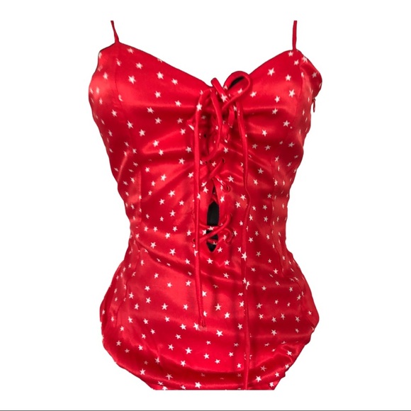 Zara red retro satin silk look stars lace-up spaghetti strap bodysuit size Large - Picture 2 of 14